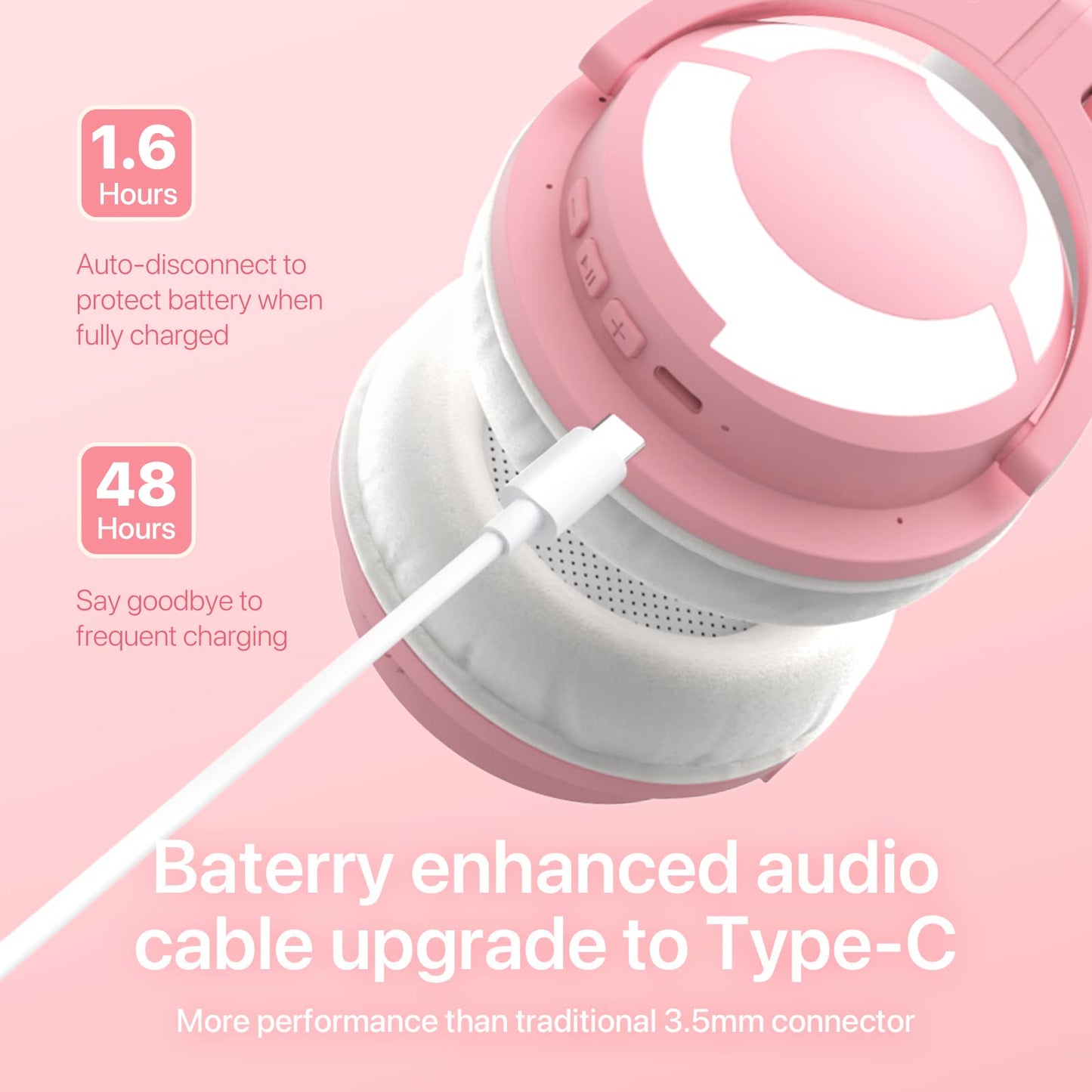 YOWU Cat Ear Headphones 3G, Headphones Over Ear, RGB Wireless/Wired 5.0 Foldable Gaming Headset with 7.1 Surround Sound, Built-in Mic & Customizable Lighting and Effect via APP(Pink)