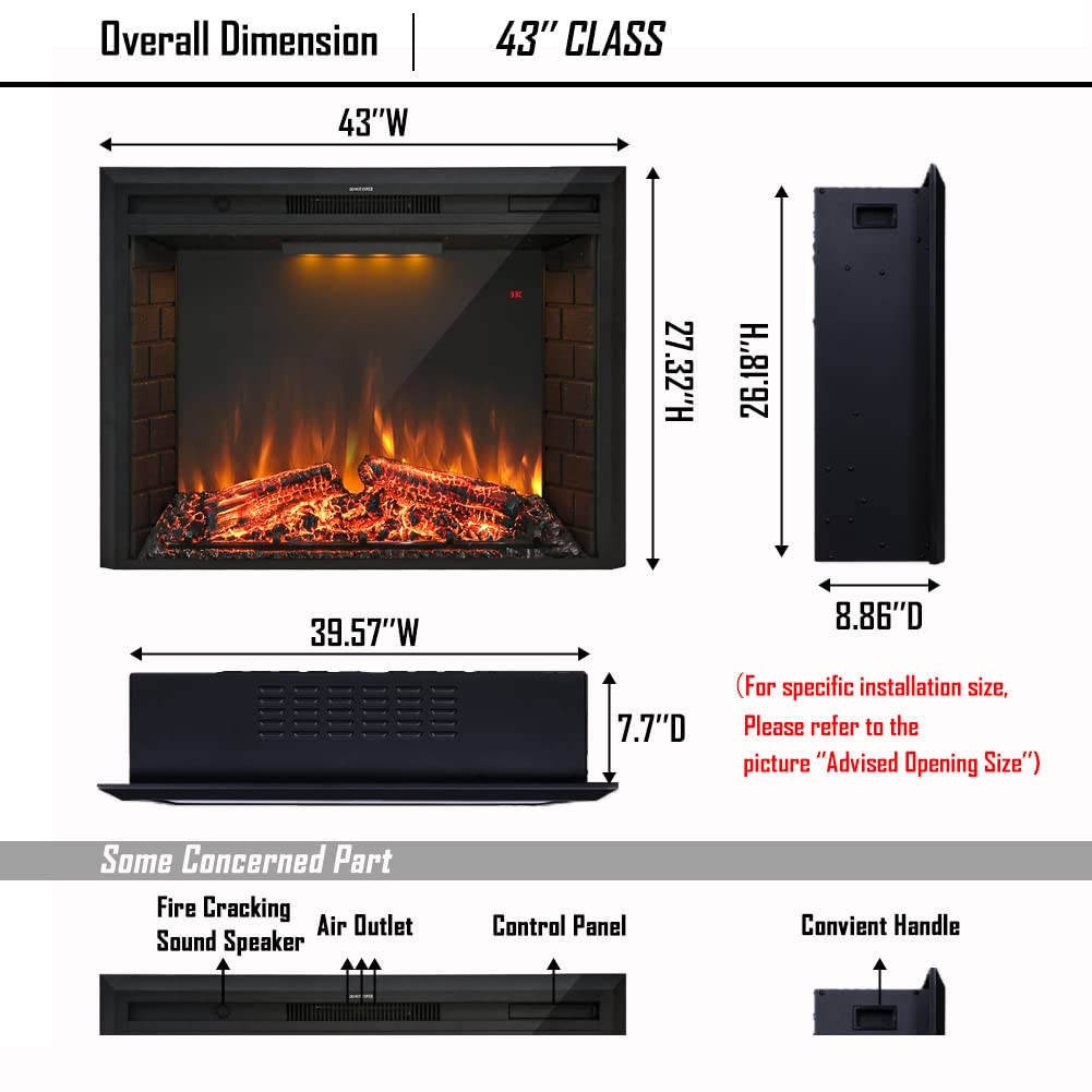 Masarflame 43'' Electric Fireplace Insert, Retro Recessed Fireplace Heater with Fire Cracking Sound, Remote Control & Timer, 750/1500W, Black