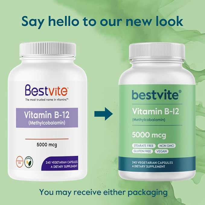 BESTVITE Vitamin B12 (Methylcobalamin) 5000mcg (240 Vegetarian Capsules) (Methyl B12) - No Stearates - Vegan - Non GMO - Gluten Free