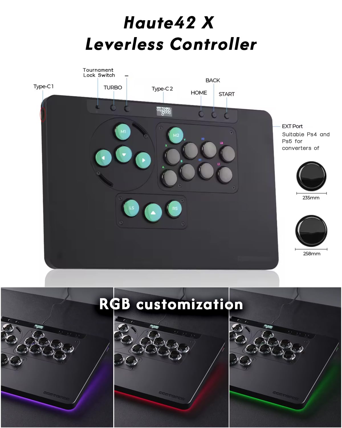 Sehawei Haute42 X1 Leverless Arcade Controller- Low Profile Design with Kailh Wind Engine Switches,3 Removable Modules,Ambient RGB Backlight & Tournament Lock Switch - Compatible with PC,PS4,PS3,Switch