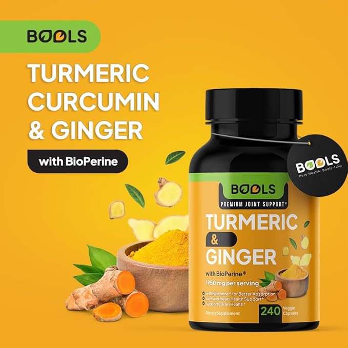 Bools Turmeric Curcumin Supplement with BioPerine & Ginger, Turmeric Curcumin with Black Pepper 1950mg for Max Absorption Joint Support- Non-GMO Turmeric Supplement, Vegan, 240 Capsules