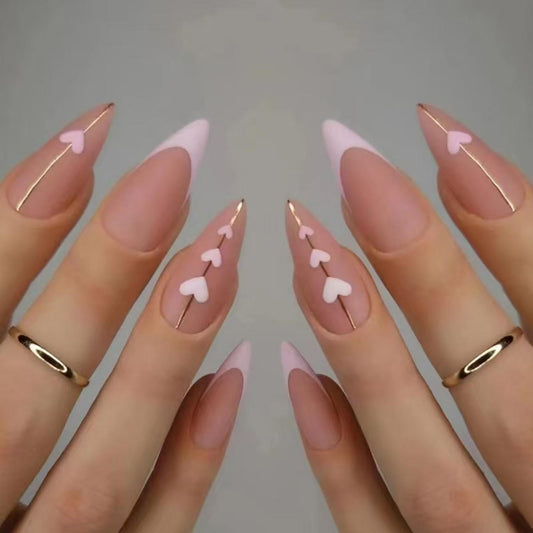Pink French Tip Press on Nails Heart Fake Nails with Gold Line Design Love Glue on Nails Glossy Acrylic Full Cover Nude Pink Stick on Nails Medium Stiletto False Nails for Women Manicure