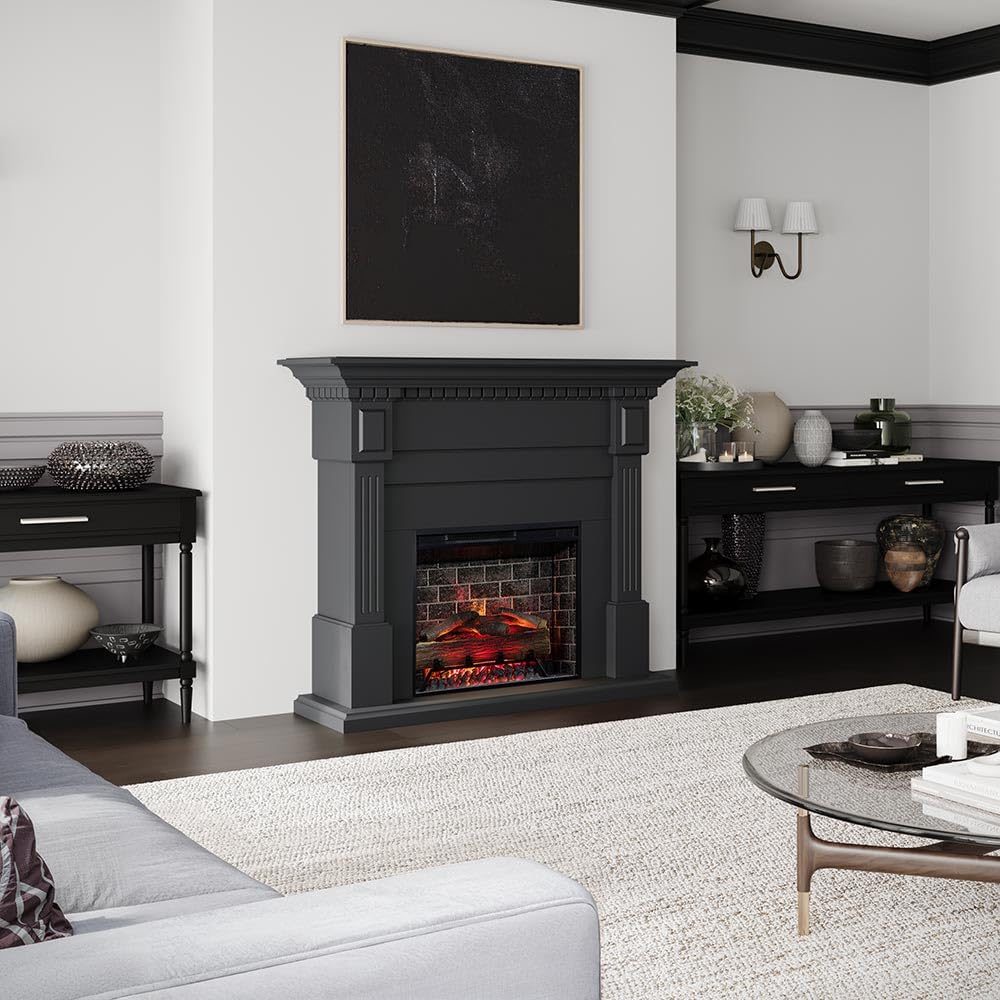 Modern Ember Augustine Black Mantel Package 55" W x 48" H with 28 Inch Electric Fireplace Insert - 1,000 Sq Ft Heater 4 Flame Colors, Ember Bed Included | Alexa/WiFi Enabled