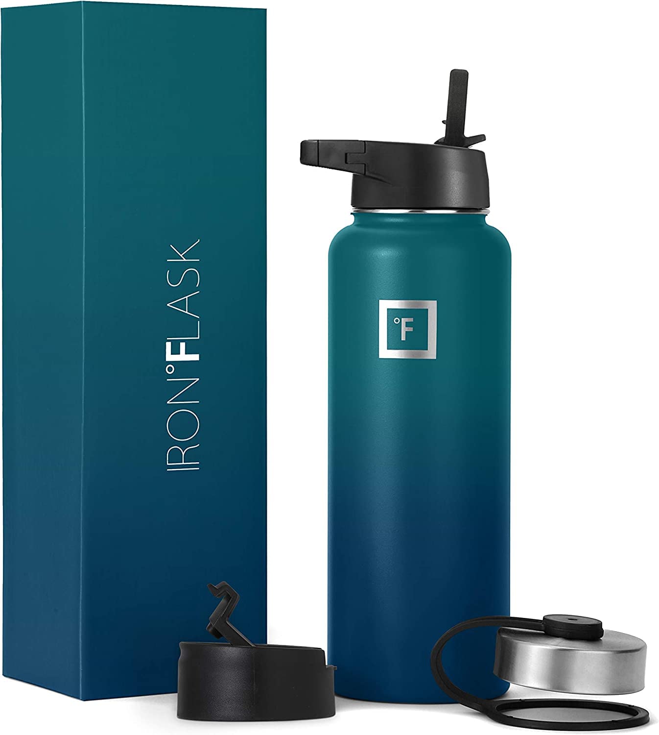 IRON °FLASK Camping & Hiking Hydration Flask, Wide Mouth, 3 Straw Lids, Stainless Steel Outdoor Water Bottle, Double Walled, Insulated Thermos, Metal Canteen - Dark Night, 18 Oz