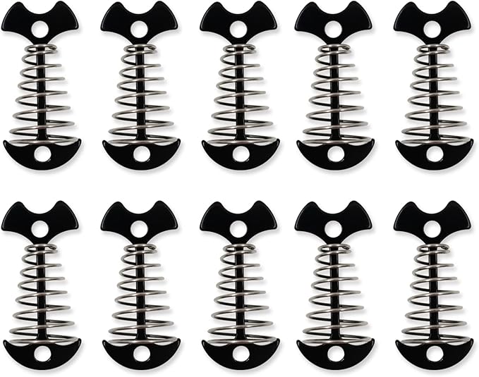 10Pcs Deck Anchor Pegs with Spring Buckle, Fishbone Tent Rope Tightener, Windproof Deck Plank Board Tent Stakes Aluminum, Tents Tensioner for Outdoor Camping Hiking Tent Accessories (Black)