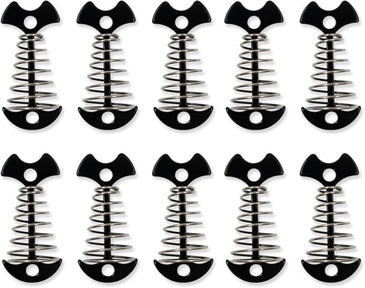 10Pcs Deck Anchor Pegs with Spring Buckle, Fishbone Tent Rope Tightener, Windproof Deck Plank Board Tent Stakes Aluminum, Tents Tensioner for Outdoor Camping Hiking Tent Accessories (Black)