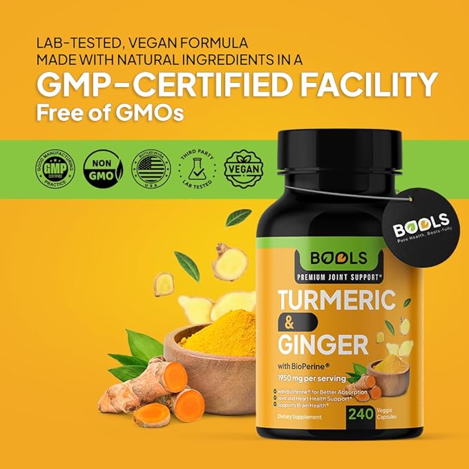 Bools Turmeric Curcumin Supplement with BioPerine & Ginger, Turmeric Curcumin with Black Pepper 1950mg for Max Absorption Joint Support- Non-GMO Turmeric Supplement, Vegan, 240 Capsules
