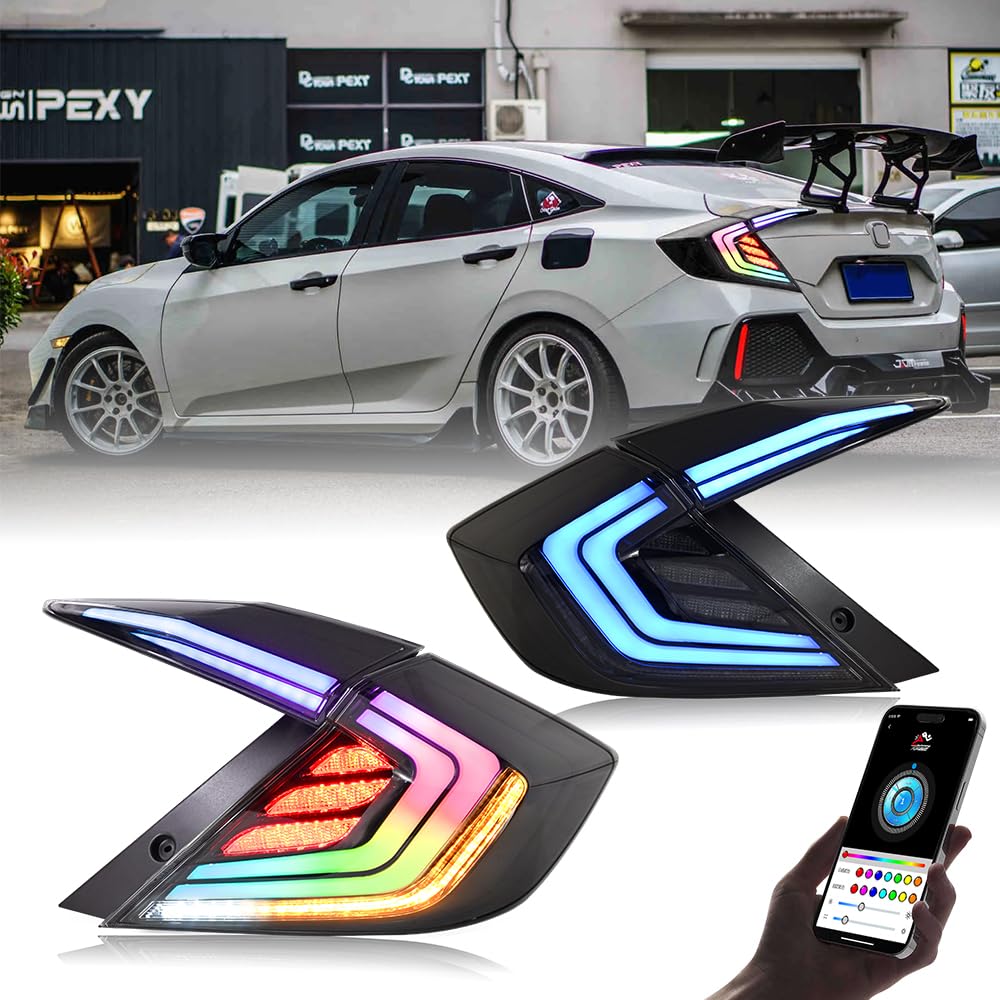 T T-ABC New RGB Taillight Compatible with Honda Civic 2016-2021 Tail Light Sedan Touring Sport EX EX-L LX Rear Lights Multicolored N1 Style LED Sequential Animation 10th Gen Custom Back Accessories