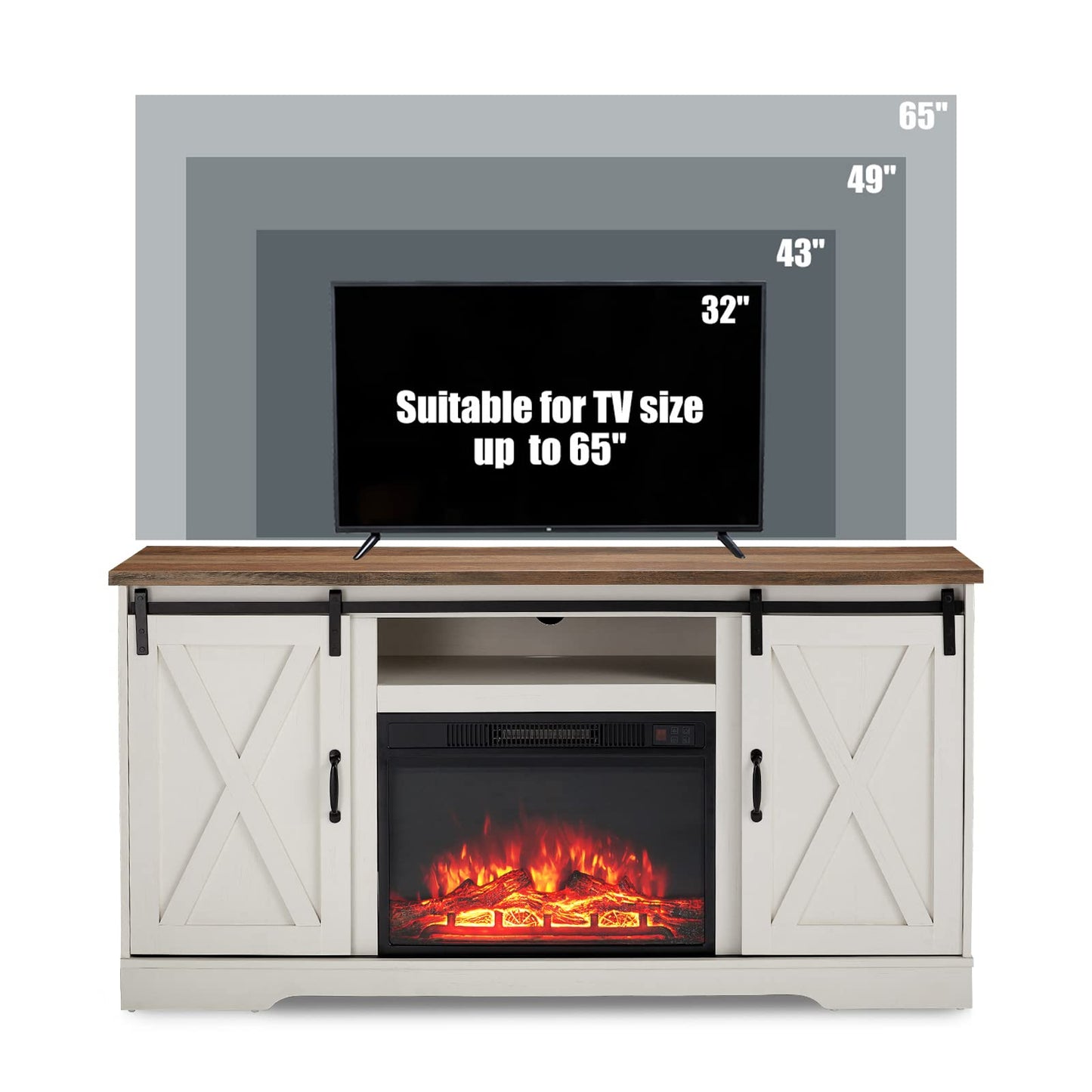 AMERLIFE Fireplace TV Stand with Sliding Barn Door for TVs up to 65", Farmhouse 59" Fireplace Entertainment Center with Storage Cabinets/Adjustable Shelves, Distressed White & Barnwood