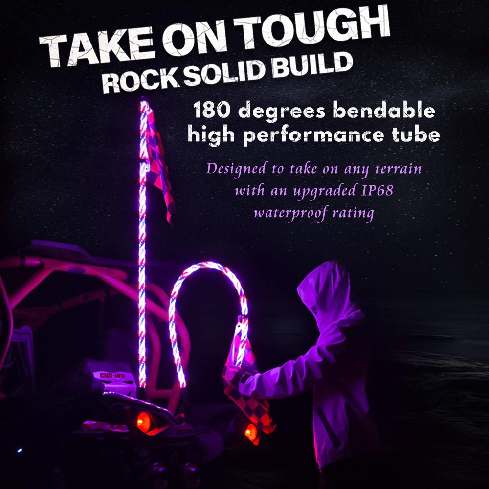 MAXHAWK 2X 5ft LED Whip Light 360° Spiral Chasing/Dancing Lighted Antenna RGB LED Whips with Flag for UTV ATV Off Road Truck Sand Buggy Dune Quad 4X4 Boat