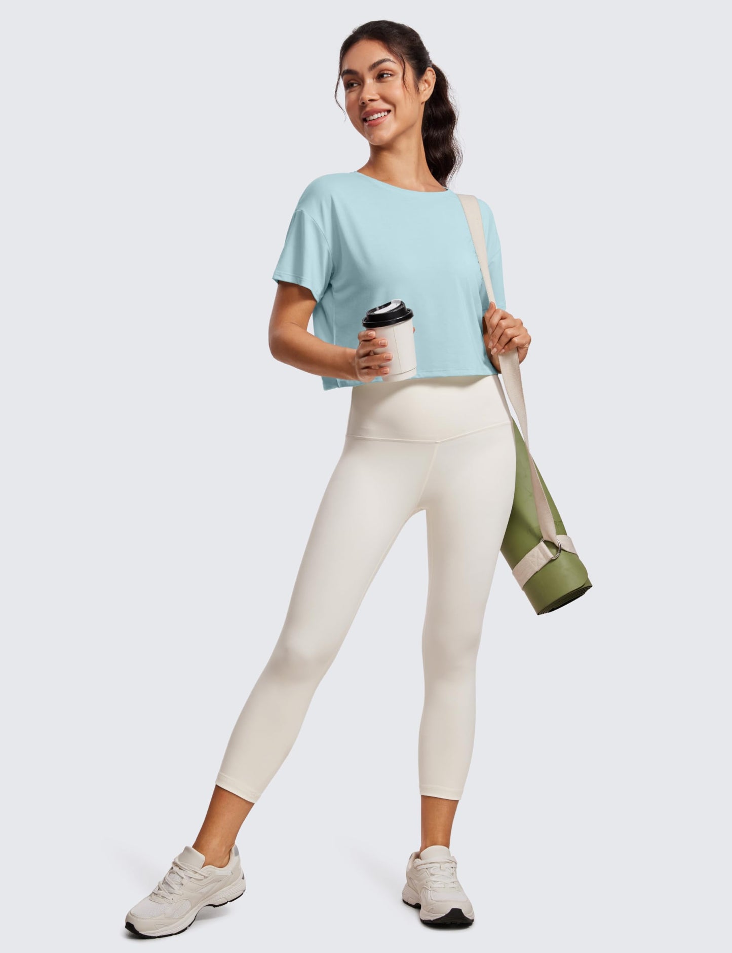 CRZ YOGA Open Back Short Sleeve Crop Top for Women Loose Athletic Yoga Workout Tops Casual Cropped Tee Shirts Pure Blue Medium