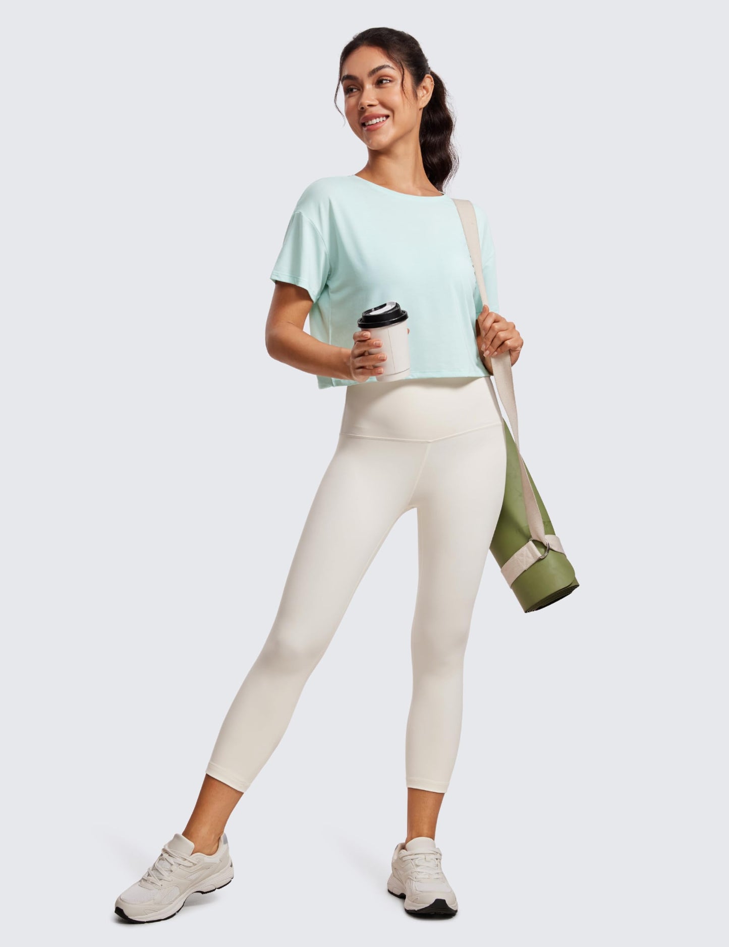 CRZ YOGA Open Back Short Sleeve Crop Top for Women Loose Athletic Yoga Workout Tops Casual Cropped Tee Shirts Skylight Green Small