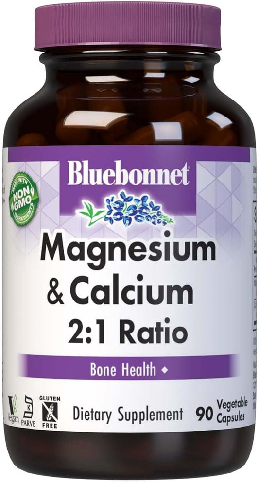 Bluebonnet Nutrition Magnesium & Calcium 2:1 Ratio, Bone Health*, Non-GMO, Vegan, Kosher Certified, Gluten-Free, Soy-Free, Dairy-Free, 90 Vegetable Capsules, 30 Servings