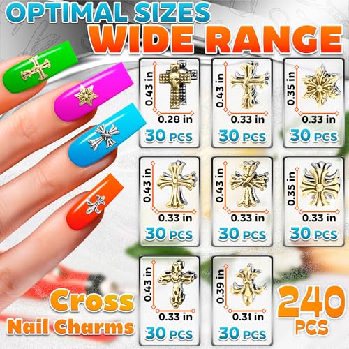 240 Pcs Silver and Gold Cross Nail Charms Bulk – 3D Silver and Gold Nail Charms Cross for DIY & Professional Manicures – Large-Pack for Creative Manicures with Shiny Crosses Accents