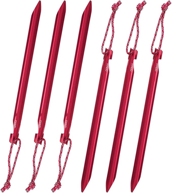 6 Pieces Tent Stakes Heavy Duty Camping Stakes, QEBAJI 7.5 inch Rust-Free Metal Tent pegs Ground Stakes Tent pegs Camping，6pack Red