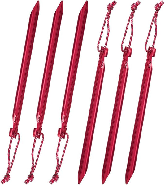 6 Pieces Tent Stakes Heavy Duty Camping Stakes, QEBAJI 7.5 inch Rust-Free Metal Tent pegs Ground Stakes Tent pegs Camping，6pack Red