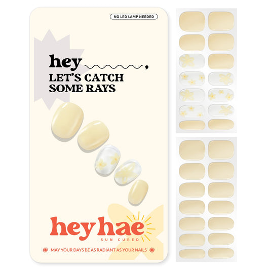 Heyhae Semi Cured Gel Nail Strips | Sun Cured No LED Lamp Needed Easy Apply & Remove | Includes 28 Strips, 1 Prep Pad, 1 Nail File & 1 Wooden Stick - Hey, Let's Catch Some Rays