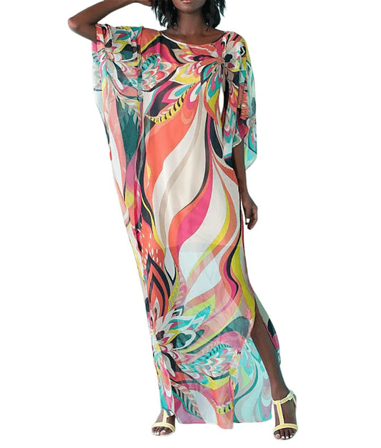 Bestyou Women's Semi-Sheer Long Caftan Lounger Printed Kaftan Dress Bathing Suit Bikini Swimsuit Cover Up Swimwear (Geo-Print 1)