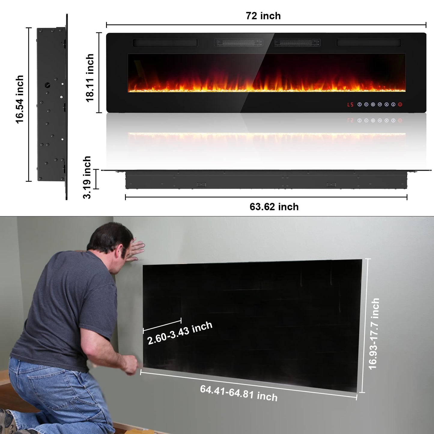BREEZEHEAT 72" Ultra Thin Electric Fireplace Insert-ETL Certified, Recessed/Wall Mount, 3D Flame with Crystal, Remote & Touch, 750W/1500W (900 Sq.Ft), 8H Timer