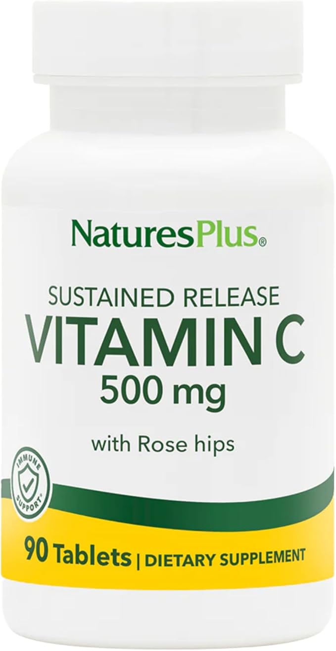 Natures Plus Vitamin C with Rose HIPS - 500 mg, 90 Vegetarian Tablets - Corn-Free, Gluten-Free - 90 Servings
