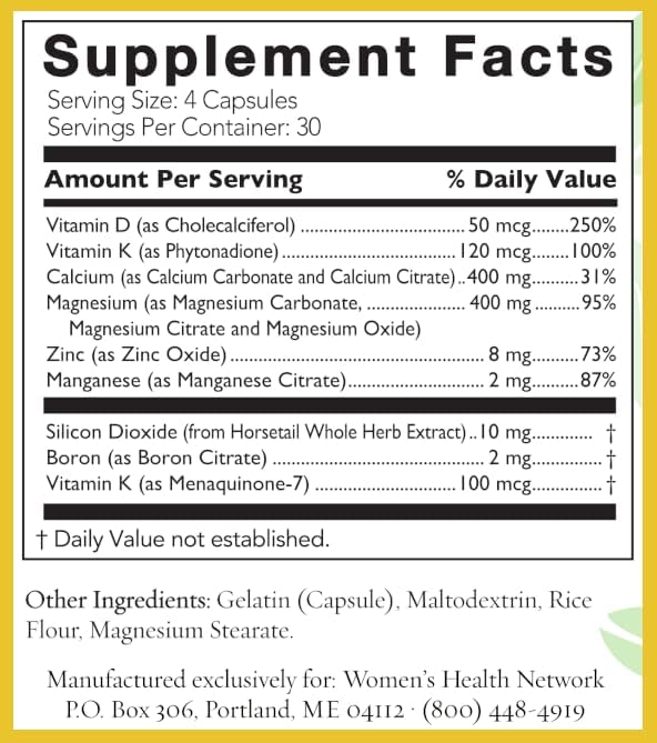 Better Bones Basics by Women's Health Network - Calcium, Magnesium, Zinc, Vitamin D, Vitamin K, Manganese, and Boron - 120 Capsules