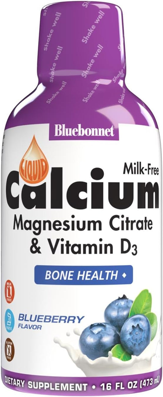 Bluebonnet Nutrition Liquid Calcium Citrate Magnesium Citrate, Vitamin D3, Bone Health, Gluten Free, Soy free, milk free, kosher,32 Servings, Blueberry Flavor, 16 Fl Oz (Pack of 1)
