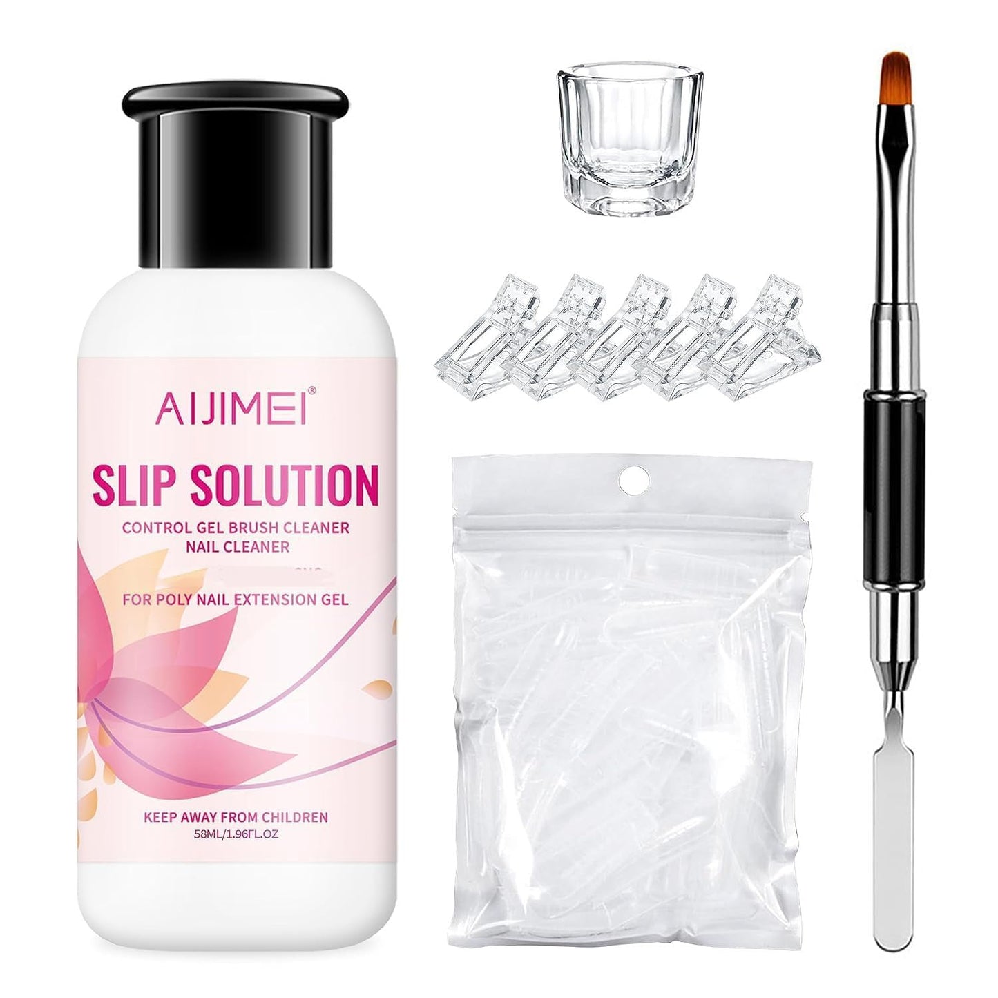 AIJIMEI Nail Slip Solution Kit Poly Nail Gel Slip Solution 58ml/2fl.oz Nail Extension Slip Solution for Poly Nail Gel Nails with Dual-ended Brush for Beginner