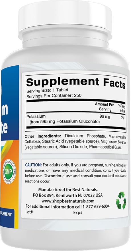 Best Naturals Potassium Gluconate Supplement 595 Mg Tablet, 250Count