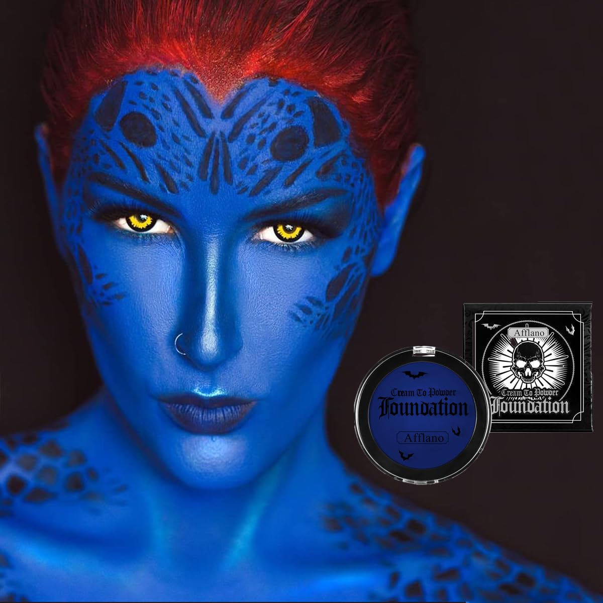 Blue Face Paint Cream to Powder Makeup Foundation, Professional Dark Blue Face Painting Concealer for Adults & Kids, Non-Toxic Halloween SFX Make up Body Paint for Smurf Mystique Cosplay Avatar Makeup