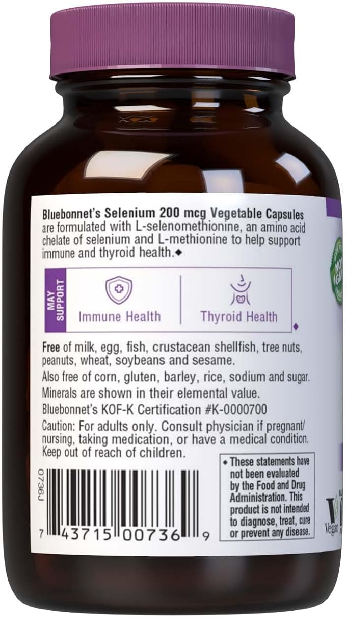 Bluebonnet Selenium 200mcg Capsules (L-selenomethionine) - Potent Antioxidant Support - Amino Acid Complex Selenium Supplement for Women & Men - Vegan, Non-GMO, Gluten-Free - 90 Vegetable Capsules