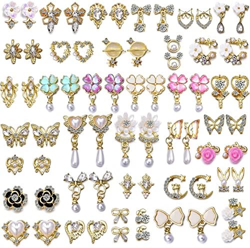 1 Pack of 50pcs 3D Nail Charms for Acrylic Nails with Art Nail Gems and Rhinestones (#1-Gold Tone)