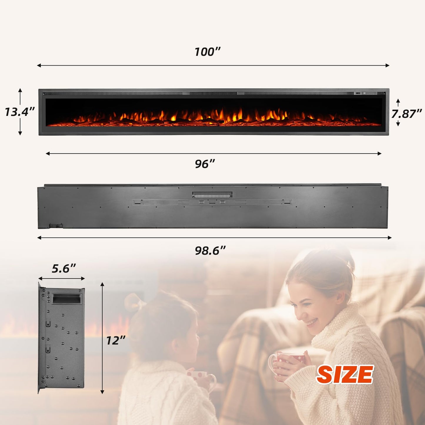 MELLCOM 100 inch Electric Fireplace Inserts, Recessed and Wall Mounted Fireplace Silence Linear Fireplace with Timer, Remote Control, 12 Colors Adjustable LED Flame, 750/1500W