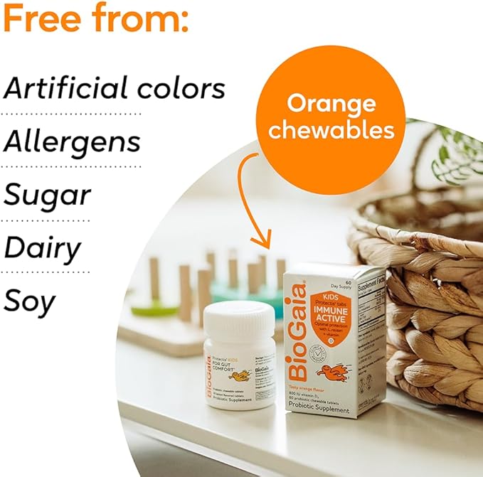 BioGaia Immune Active Kids | Probiotic + Vitamin D | for Digestive & Immune Health | Ages 3+ | Allergen, Dairy, Soy & Gluten Free | Trusted by Pediatricians | 60 Day Supply | Orange Flavored Chewable