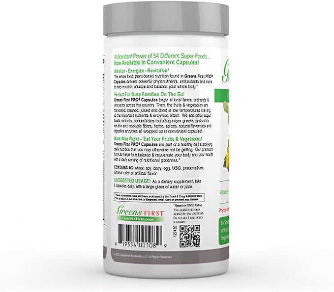 Greens First PRO Phytonutrient Capsules - 30 Servings - 54 Antioxidant Superfoods, Organic Fruits & Vegetables - Prebiotics, Probiotics & Digestive Enzymes - Dairy & Wheat-Free, Non-GMO - 180 Capsules