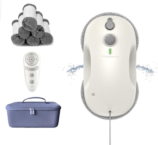Tosima W3 Window Cleaning Robot - Dual Direction Auto-Spray Smart Window Cleaner with Triple Safety System, Smart Navigation, Remote Control, for All Smooth Surfaces, with 12 Rags, White