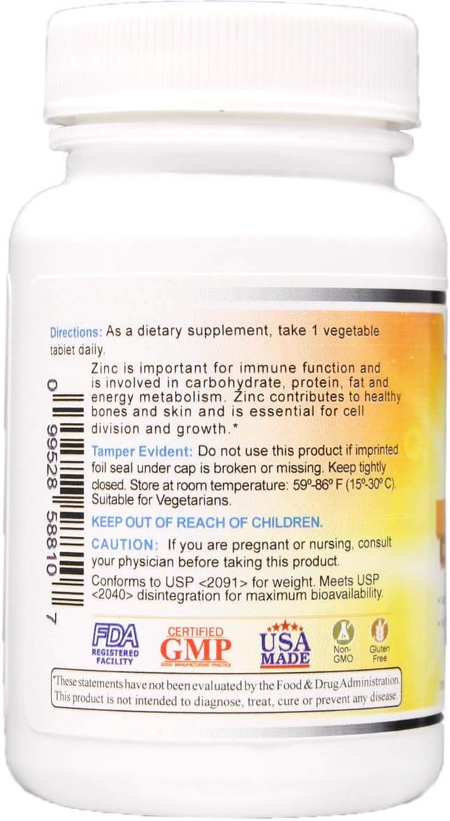 Chelated Zinc Gluconate 50 mg - Supports Healthy Skin, Immune System, Cell Growth, and More - 100 Vegetarian Tablets