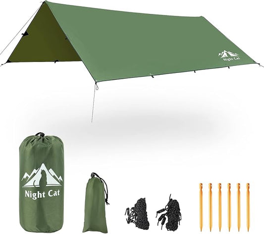 Night Cat Camping Tent Tarp Hammock Rain Fly Sunshade Shelter Tarp Waterproof Portable Lightweight for Outdoor Backpacking Hiking 12x10 ft