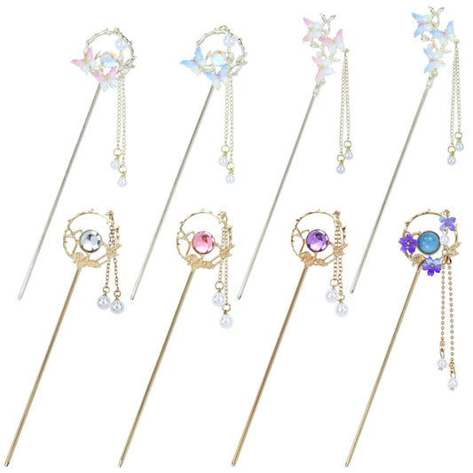 inSowni 8 Pieces Retro Asian Chinese Traditional Hanfu Butterfly Flower Metal Hair Sticks with Pearl Pendants Long Hair Pins Forks Chopsticks Bun Updo Holders for Women Girls