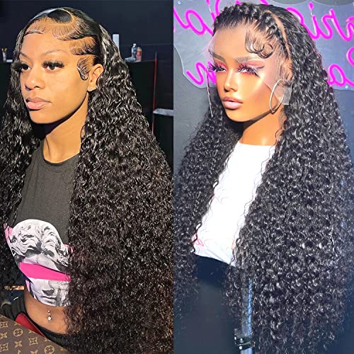 13x6 Deep Wave Lace Front Wigs Human Hair Wigs HD Transparent Deep Curly Lace Frontal Glueless Wigs Human Hair Lace Front Wigs Pre Plucked 200% Density Natural Black 24 Inch