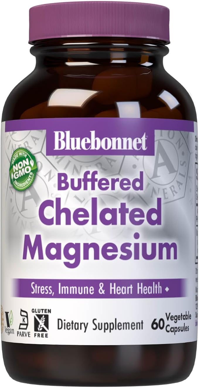 Bluebonnet Nutrition Albion Buffered Chelated Magnesium 200 mg, Magnesium Oxide, Stress Relief, Vegan, Non GMO, Gluten Free, Soy Free, Milk Free, Kosher, 60 Vegetable Capsules, 1 Month Supply