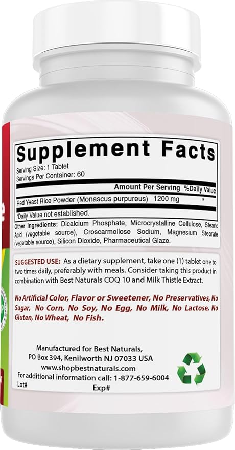 Best Naturals Red Yeast Rice 1200 Mg 60 Tablets (Citrinin Free)