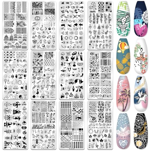 Biutee Nail Stamper Kit Nail Art Stamping Plate Set 8 Stamping Nail Polish Gel 12 Stamp Plate Jelly Silicone Stamper Flower Animal Lace Girl Star Rose Love Template Tool Supplies Holiday Design