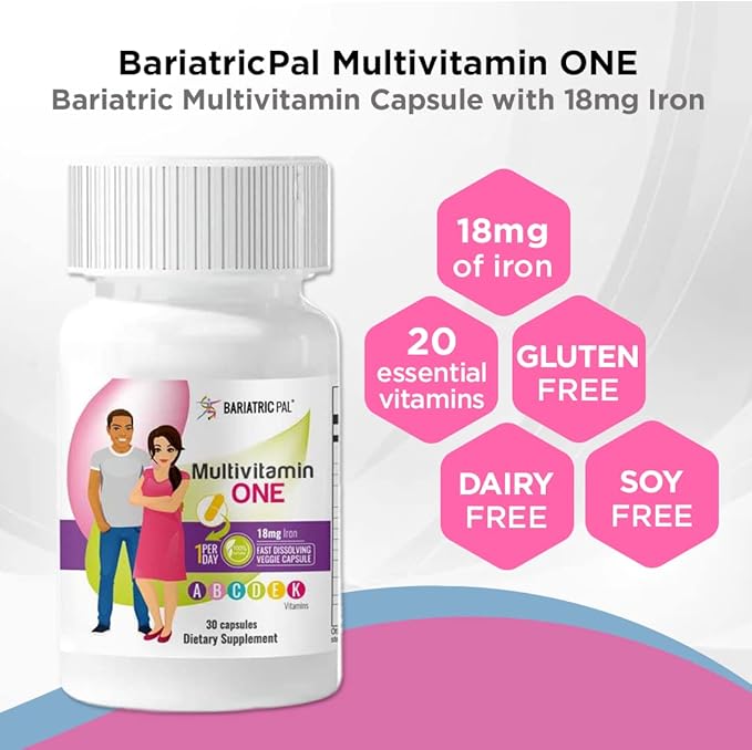BariatricPal Multivitamin ONE 1 per Day! Bariatric Multivitamin Capsule with 18mg Iron (30 Count)
