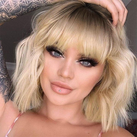 MISSQUEEN Short Ombre Blonde Wigs with Bangs Synthetic Wavy Curly Pastel Blonde Bob Wig for White Women Girl Colorful Cosplay Wig