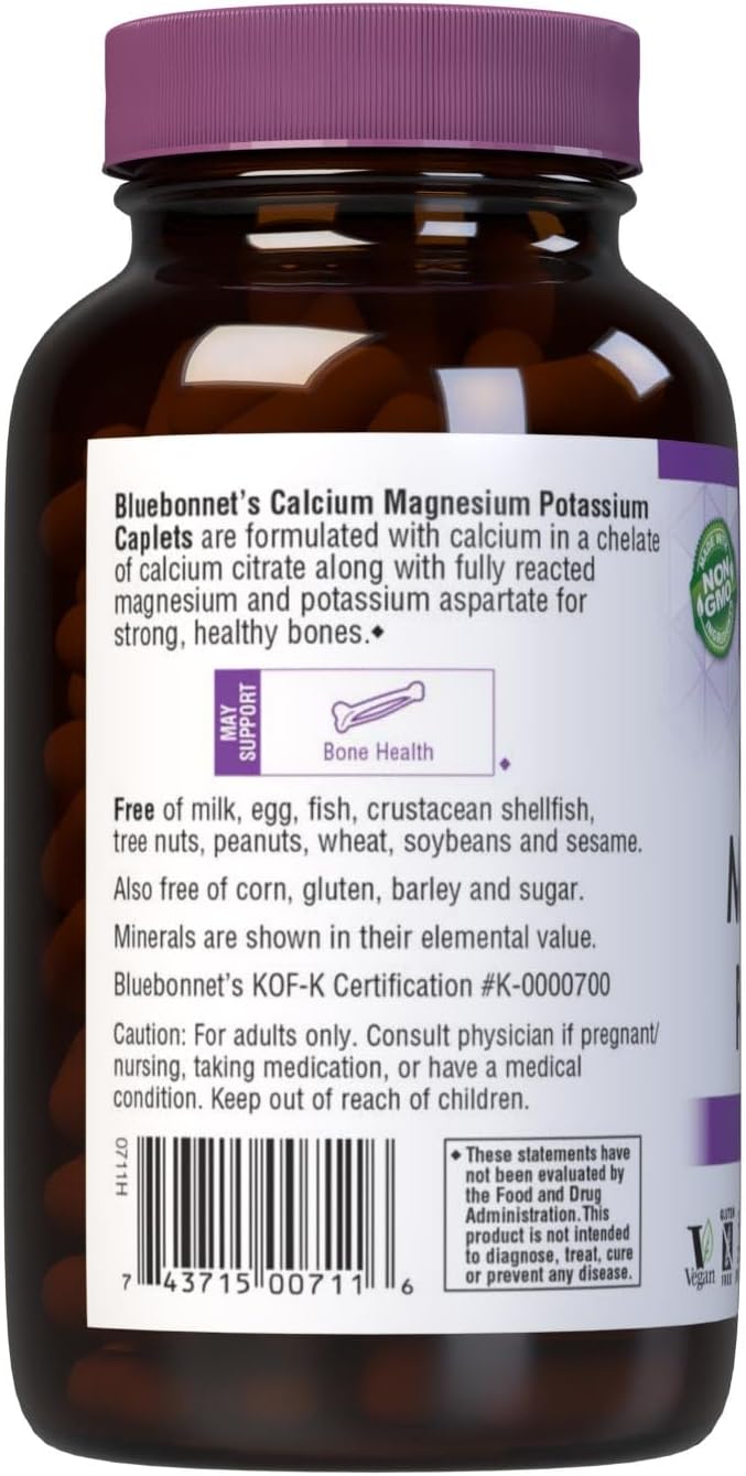 Bluebonnet Calcium Magnesium Potassium Supplement for Women & Men - Supports Healthy Bones - Calcium 1000mg Mineral Supplement Chelate Form - Non-GMO, Vegan, Gluten-Free - 180 Caplets