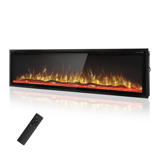 GREEN PARTY 72" Electric Fireplace Recessed/Wall Mounted Ultra Slim Frame Fireplace Heater with Log & Crystal Options, 750W/1500W, Adjustable Flame Bed Colors, Speed, Timer, Temperature (60.8℉-86℉)