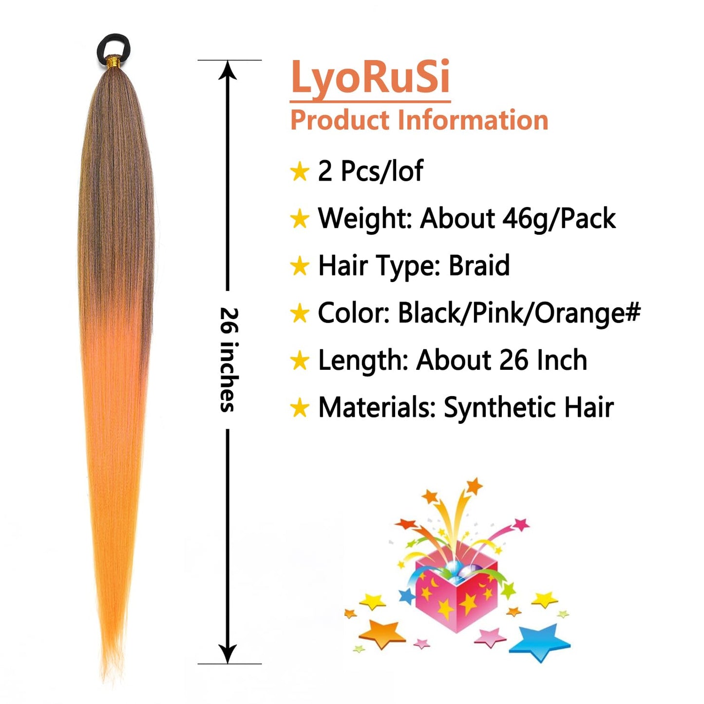 Braided Ponytail Extension, Ponytail Hair Extensions for Women With Hair Tie,for Kids Girls Women Highlight Party, Orange gradient Halloween Wig Synthetic Hair Pieces 26 Inch (Black/Pink/Orange#)