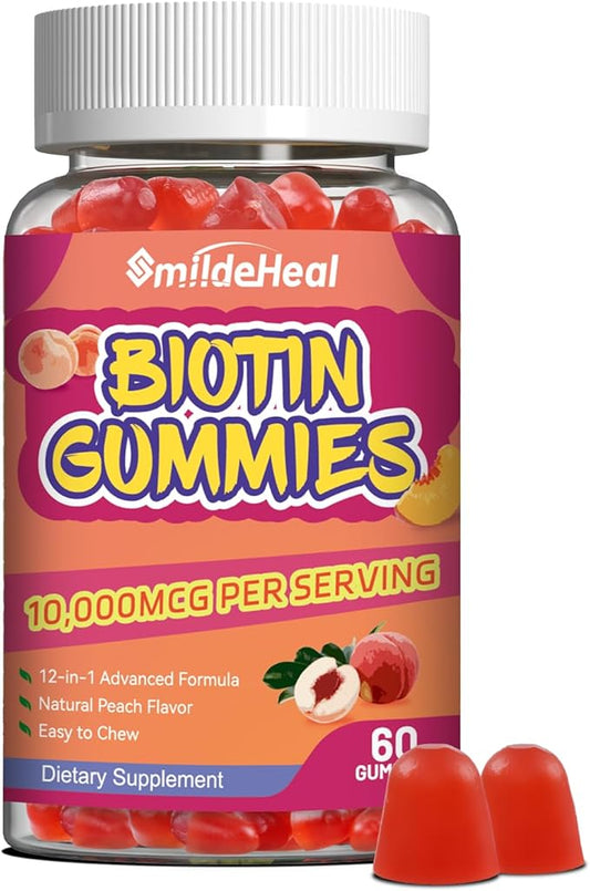Biotin Gummies for Hair Growth 10000 mcg, Hair Skin and Nails Gummies with Folic Acid, Vitamins A, B, C, E & D, Vegan biotin Vitamins for Women & Men, 60 Gummies