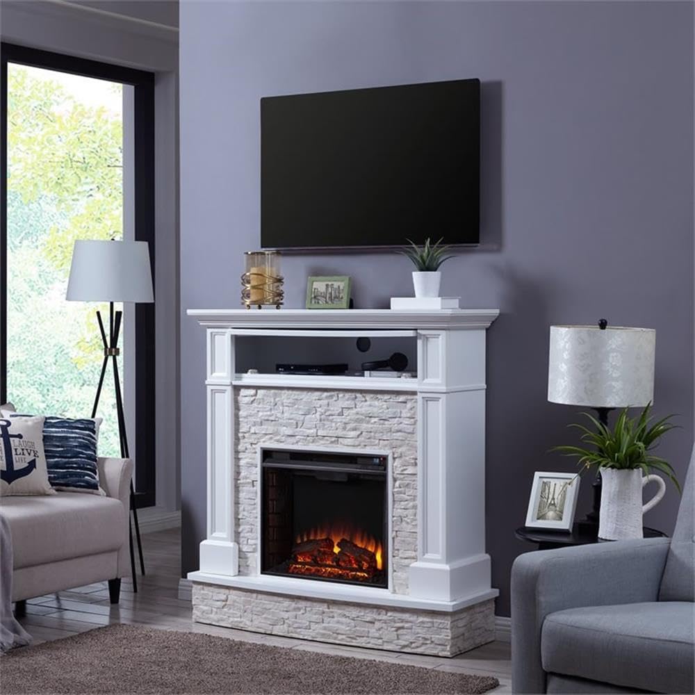 Bowery Hill Faux Stone Electric Fireplace TV Stand in White Finish