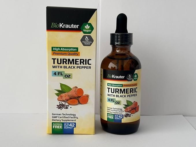 BIO KRAUTER Turmeric Supplement Tincture - 1200 mg Turmeric Curcumin with Black Pepper Extract - Alcohol and Sugar Free - Vegan Drops 4 Fl.Oz.